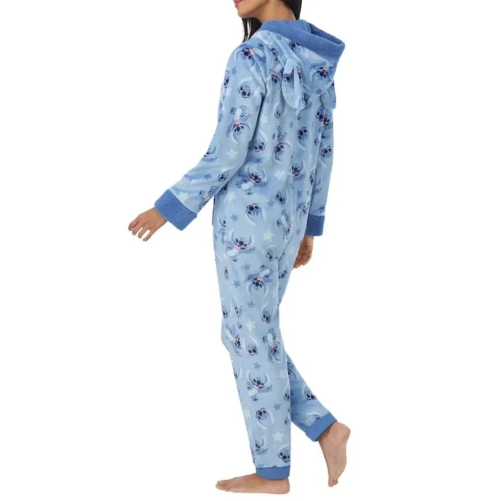 Disney Stitch One Piece Pajama Women XL 16-18 Blue Plush Fleece Hooded Sleeper - Picture 7 of 7